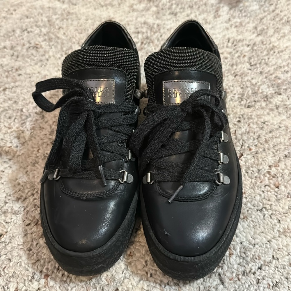 Brunello Cucinelli black leather platform sneakers with Monili detail